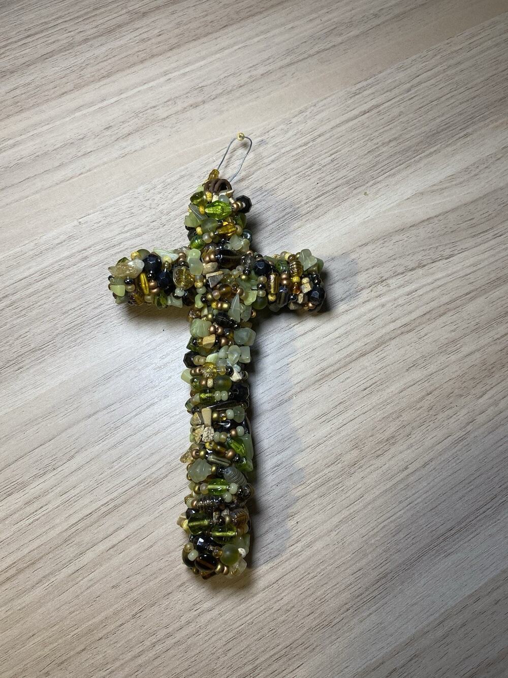 Folk Art Barbed Wire Bead Work Cross - Hand Made - Green Colors - 8 Inches